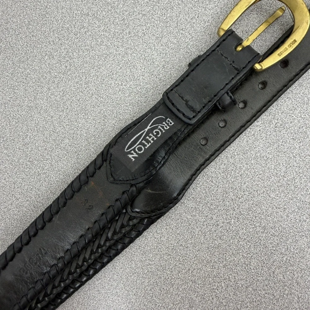 Brighton Belt Mens 32 Black Braided Leather Solid Brass Buckle Woven Classic